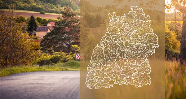 Gemeinden in Baden-Württemberg. Collage: LpB BW, Foto: picjumbo | Karte: wikimedia | Franzpaul - own work | CC BY-SA 3.0. Gemeinden Umrisse. LpB BW, Foto: picjumbo.com. Umrisse: wikimedia.org/Franzpaul, CC BY-SA 3.0.